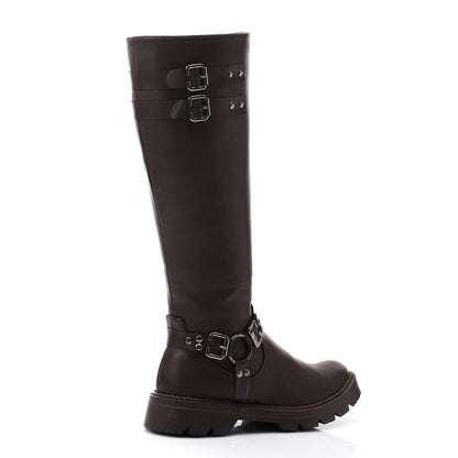 Faux Leather Solid Knee-High Boots - Brown