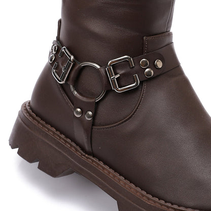 Faux Leather Solid Knee-High Boots - Brown