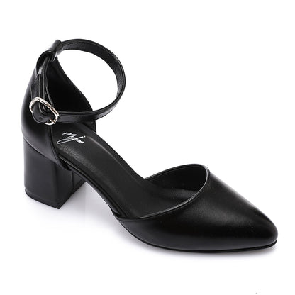 Faux Leather Pointed Toe Ankle Strap Block Heels - Black