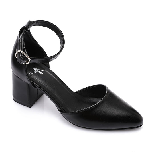 Faux Leather Pointed Toe Ankle Strap Block Heels - Black