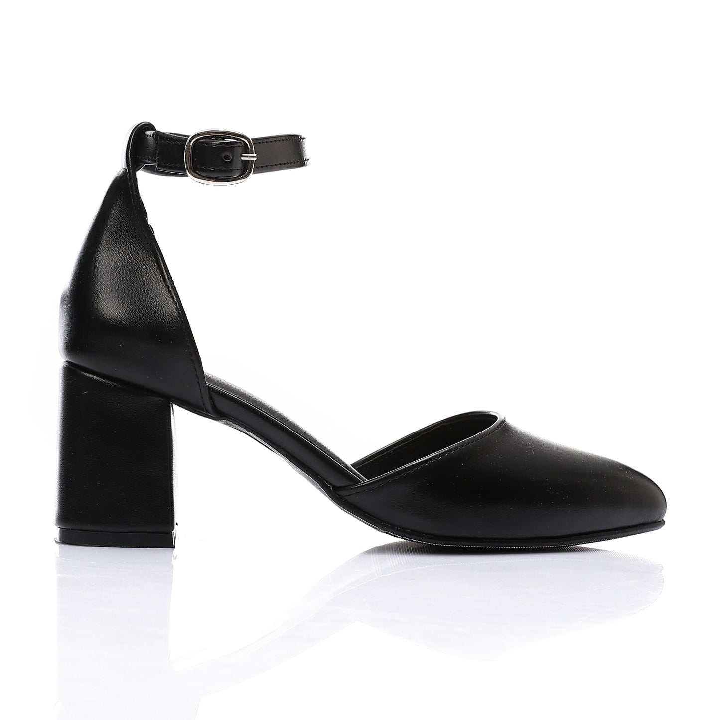 Faux Leather Pointed Toe Ankle Strap Block Heels - Black