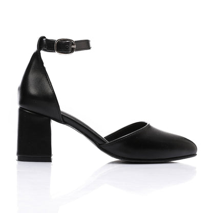 Faux Leather Pointed Toe Ankle Strap Block Heels - Black