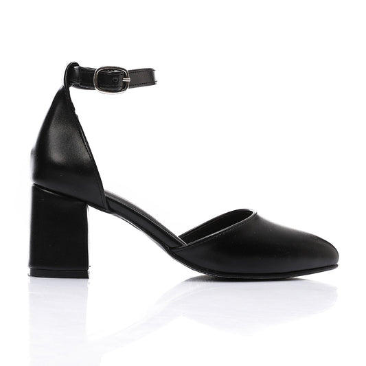 Faux Leather Pointed Toe Ankle Strap Block Heels - Black