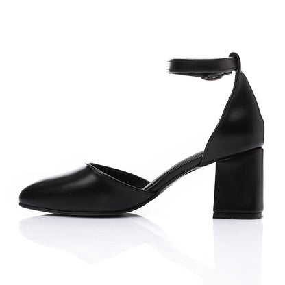 Faux Leather Pointed Toe Ankle Strap Block Heels - Black