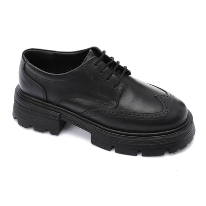 Leather Solid Lace-Up Shoes - Black