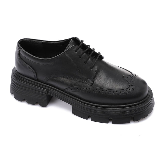 Leather Solid Lace-Up Shoes - Black