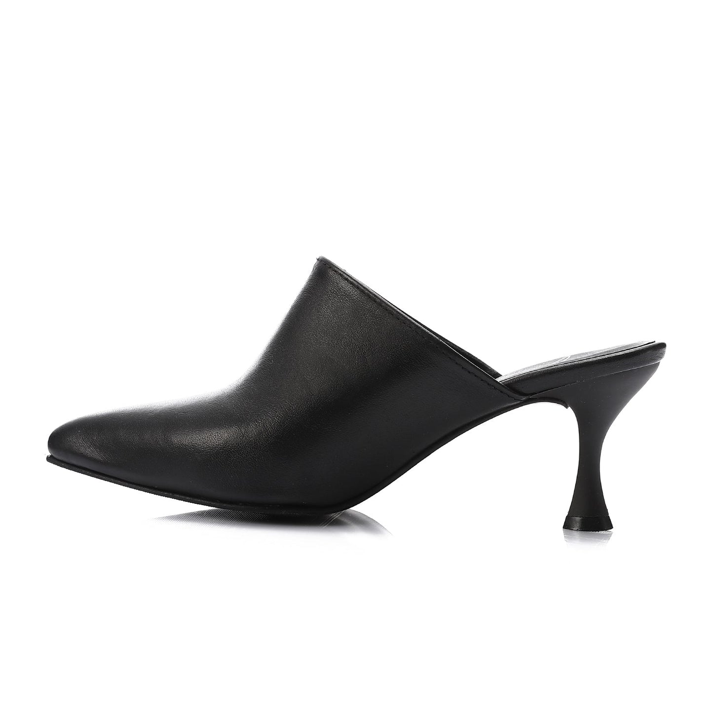 Leather Almond Toe Mule Kitten Heels – Black
