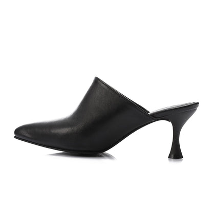 Leather Almond Toe Mule Kitten Heels – Black