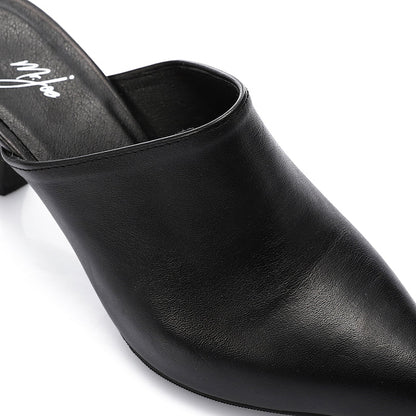 Leather Almond Toe Mule Kitten Heels – Black