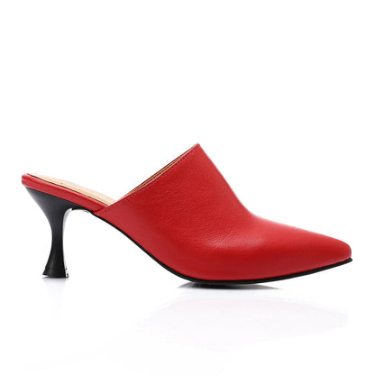 Leather Almond Toe Mule Stiletto Heels – Red