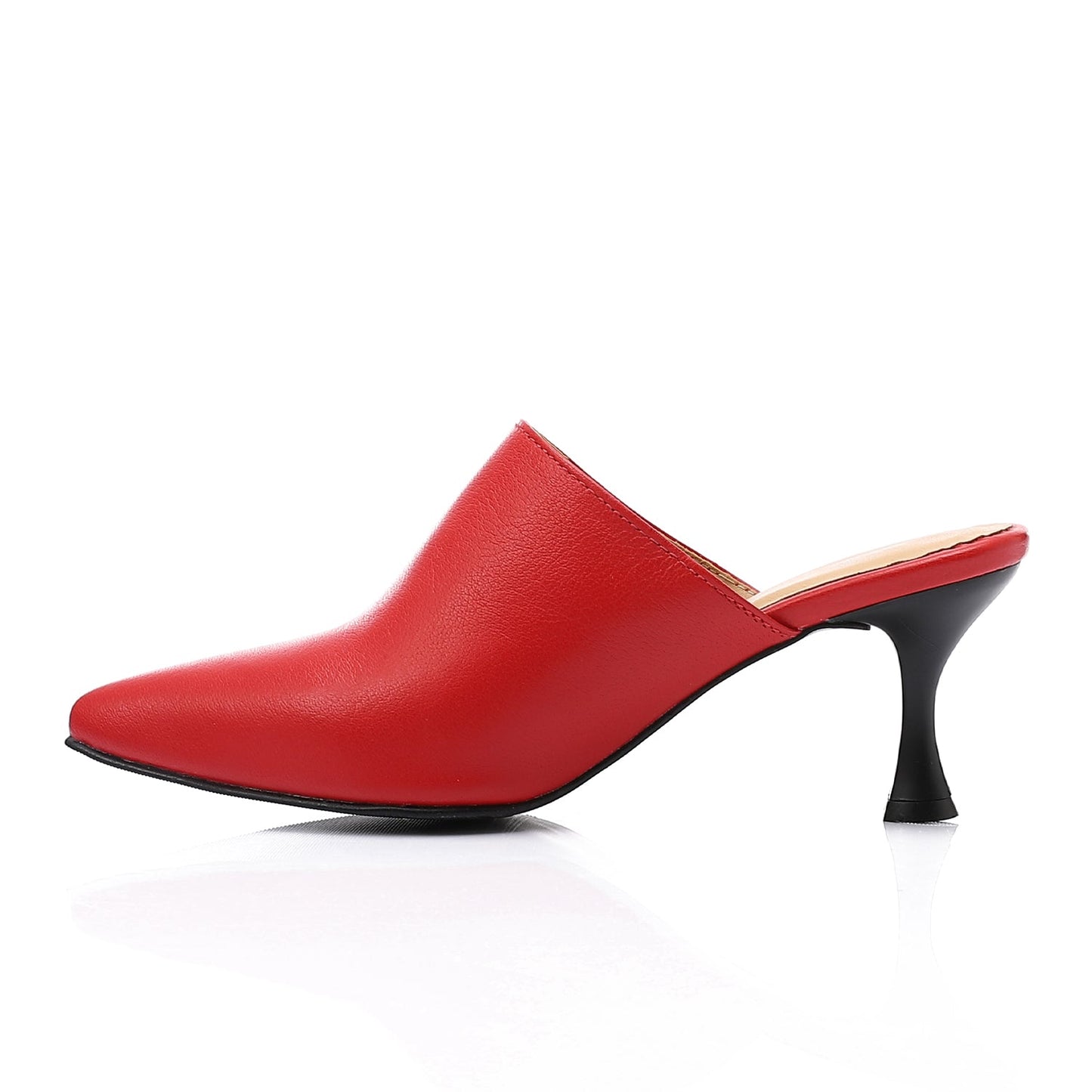 Leather Almond Toe Mule Stiletto Heels – Red
