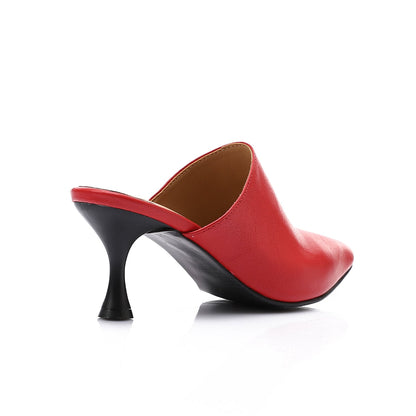 Leather Almond Toe Mule Stiletto Heels – Red