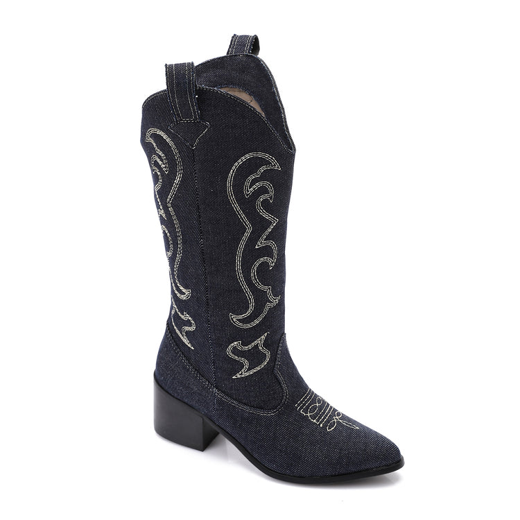 Denim Embroidered Cowboy Boots - Dark Blue