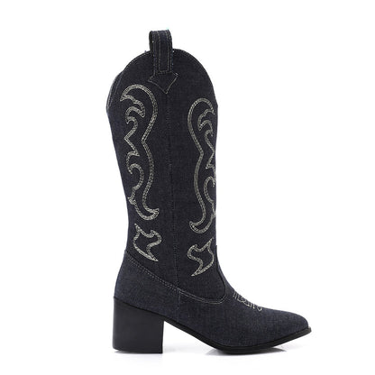 Denim Embroidered Cowboy Boots - Dark Blue