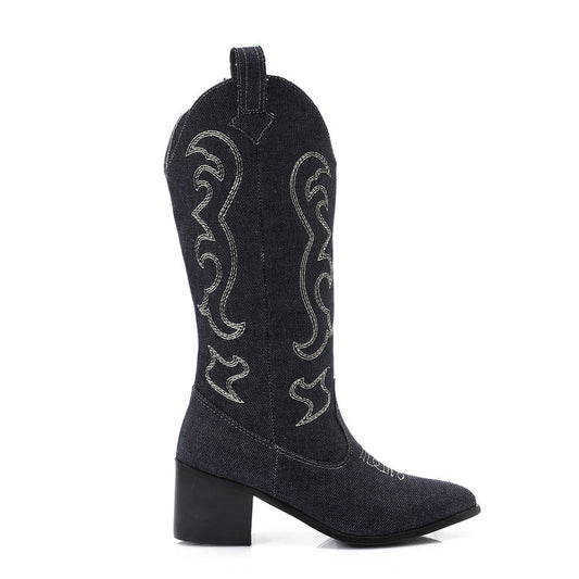Denim Embroidered Cowboy Boots - Dark Blue
