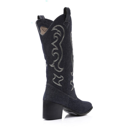 Denim Embroidered Cowboy Boots - Dark Blue