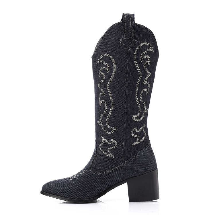 Denim Embroidered Cowboy Boots - Dark Blue