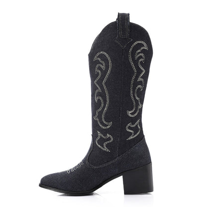 Denim Embroidered Cowboy Boots - Dark Blue