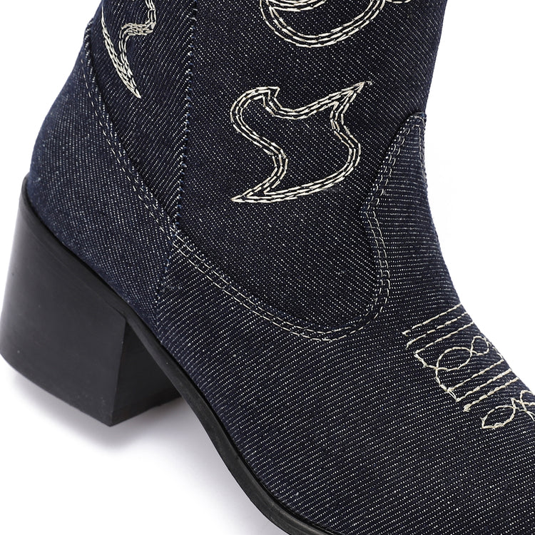 Denim Embroidered Cowboy Boots - Dark Blue