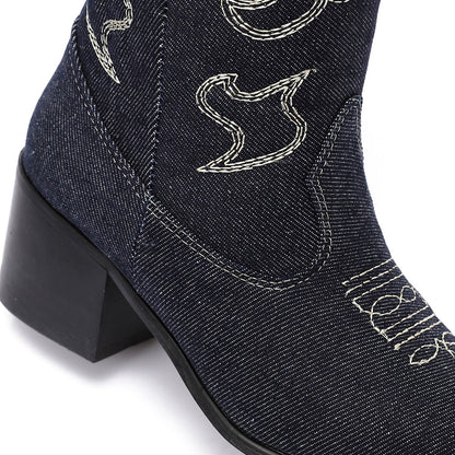 Denim Embroidered Cowboy Boots - Dark Blue