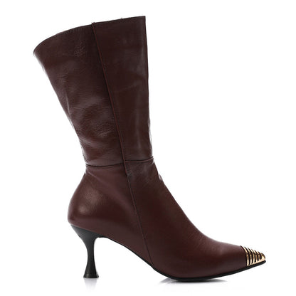 Leather Chic Knee-High Boots Gold-Tipped Toe – Burgundy