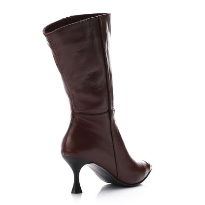 Leather Chic Knee-High Boots Gold-Tipped Toe – Burgundy