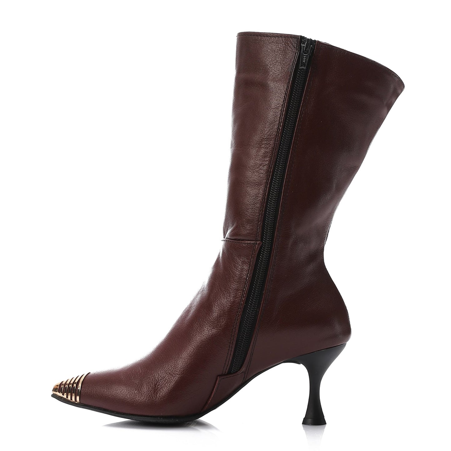 Leather Chic Knee-High Boots Gold-Tipped Toe – Burgundy
