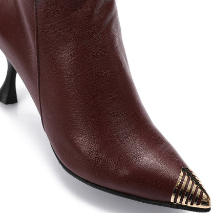 Leather Chic Knee-High Boots Gold-Tipped Toe – Burgundy