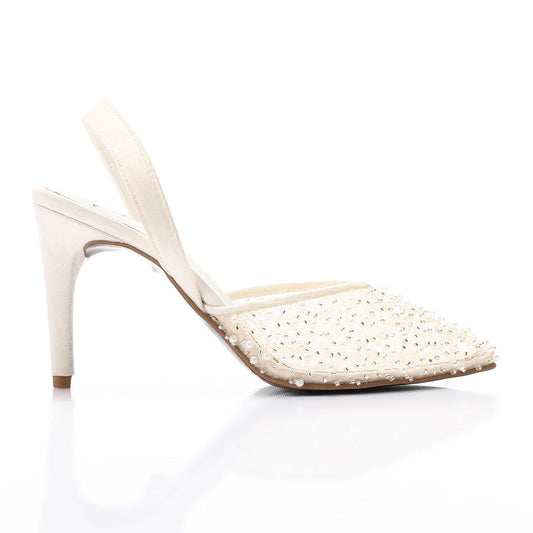 Embellished Mesh Slingback Stiletto Heels – White