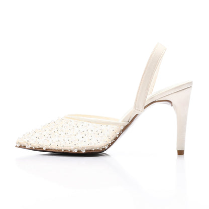 Embellished Mesh Slingback Stiletto Heels – White