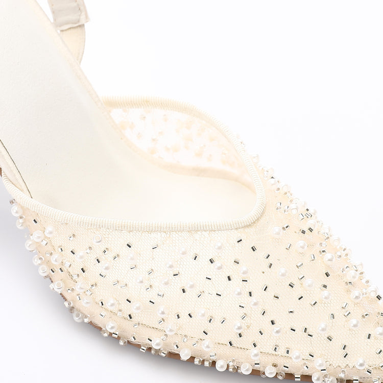 Embellished Mesh Slingback Stiletto Heels – White