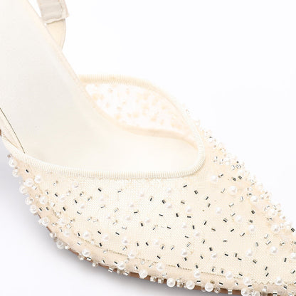 Embellished Mesh Slingback Stiletto Heels – White