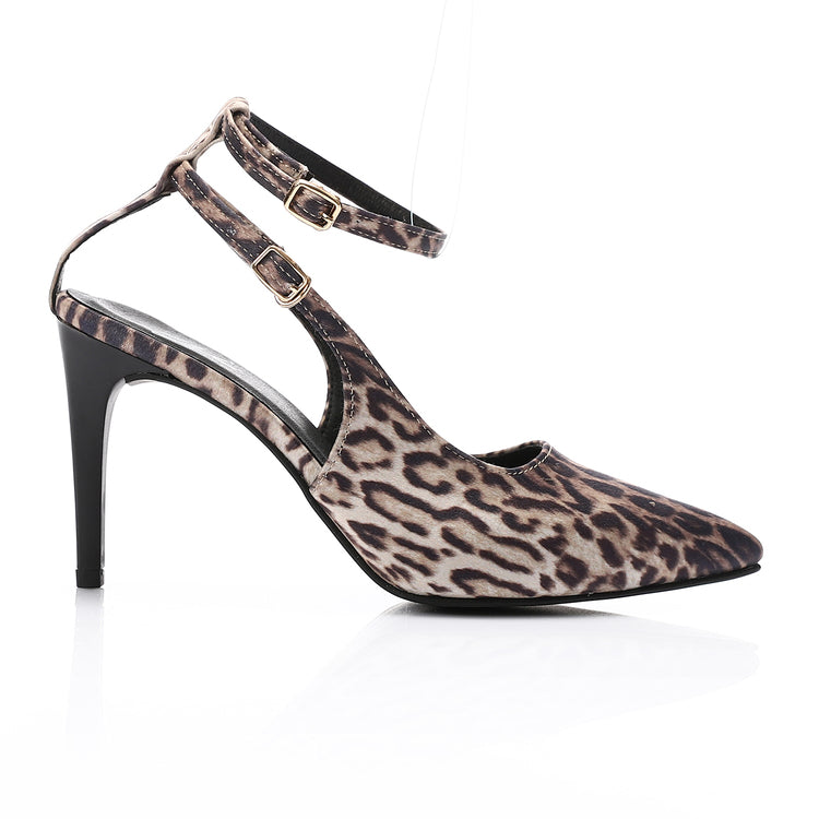 Satin Print Double Strap Stiletto Heels - Leopard