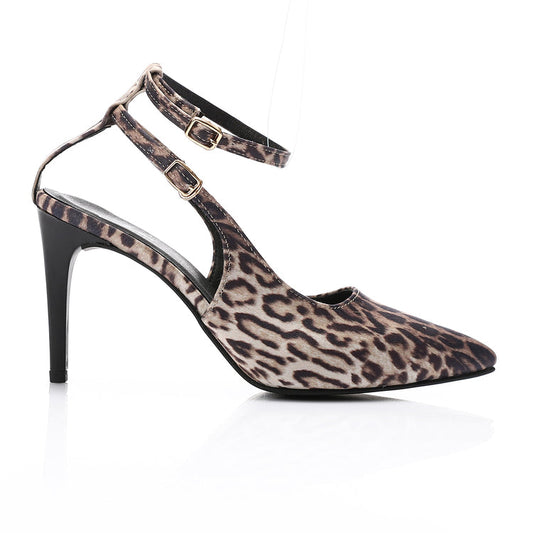 Satin Print Double Strap Stiletto Heels - Leopard