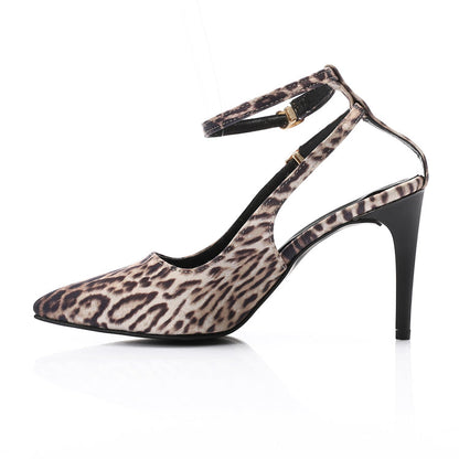 Satin Print Double Strap Stiletto Heels - Leopard