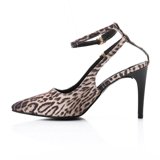 Satin Print Double Strap Stiletto Heels - Leopard