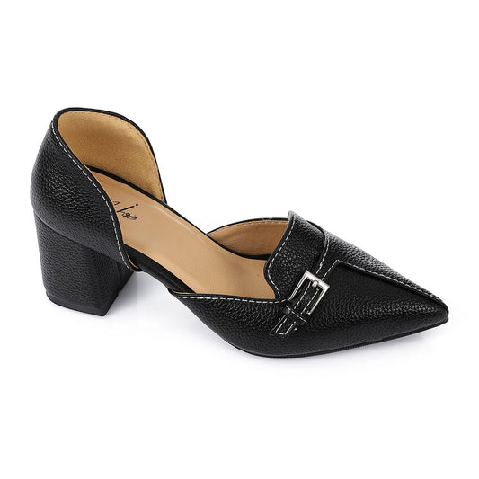Faux Leather Buckle Block Heel Mules – Black