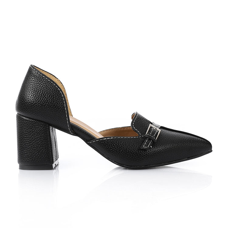 Faux Leather Buckle Block Heel Mules – Black