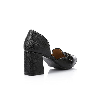 Faux Leather Buckle Block Heel Mules – Black