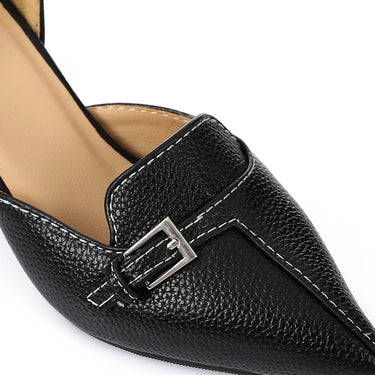 Faux Leather Buckle Block Heel Mules – Black