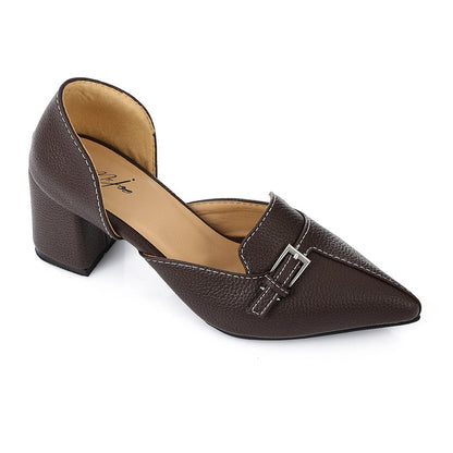 Faux Leather Buckle Block Heel Mules – Brown
