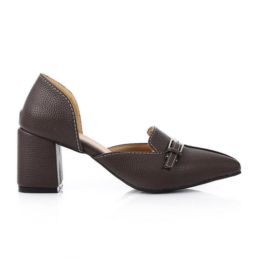 Faux Leather Buckle Block Heel Mules – Brown