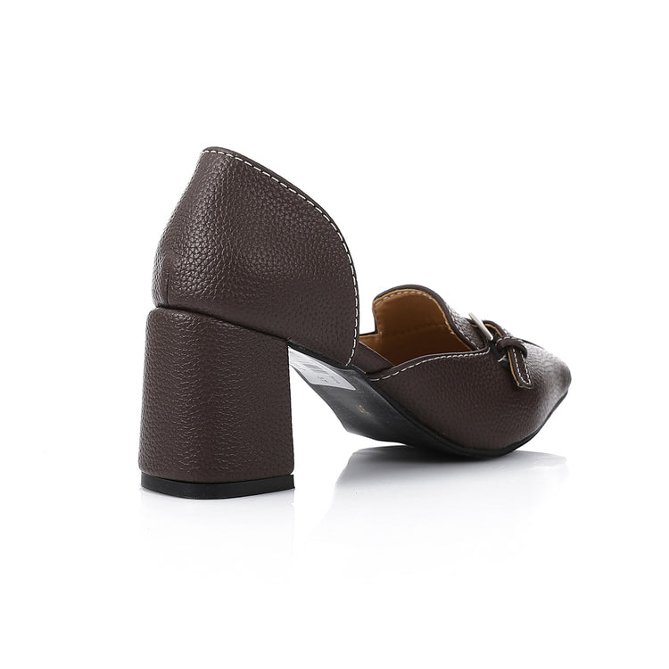 Faux Leather Buckle Block Heel Mules – Brown