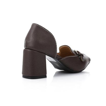 Faux Leather Buckle Block Heel Mules – Brown