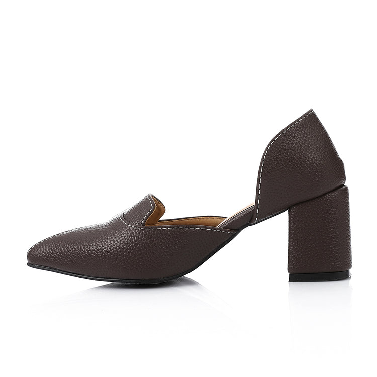 Faux Leather Buckle Block Heel Mules – Brown