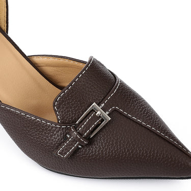 Faux Leather Buckle Block Heel Mules – Brown