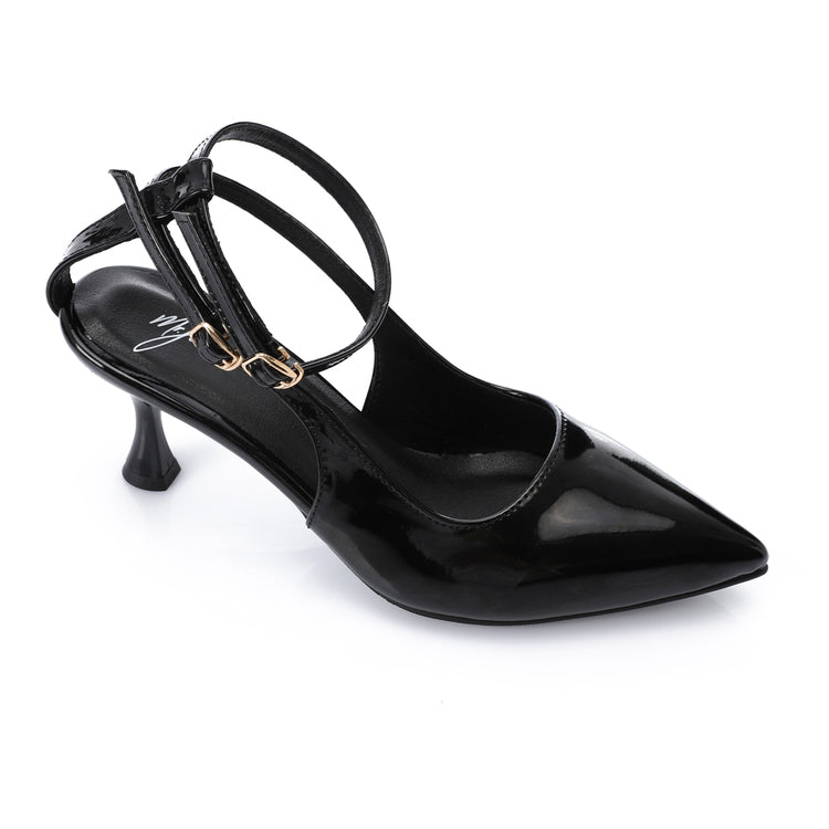 Faux Leather Verne Double Strap Kitten Heels – Black