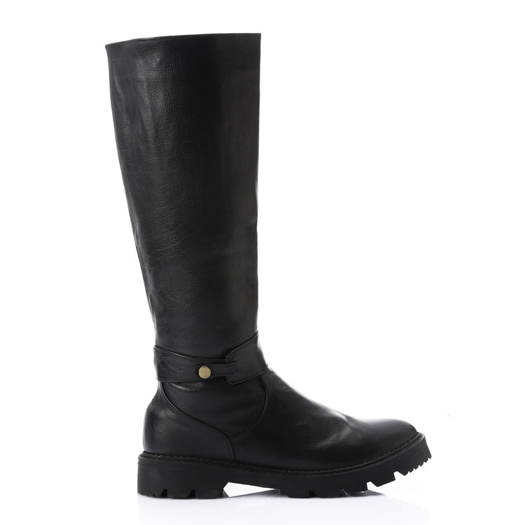 Faux Leather Round Toe Tall Boots – Black