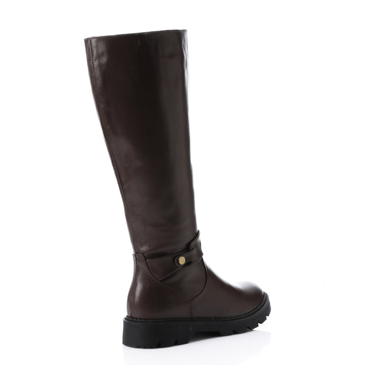 Faux Leather Round Toe Tall Boots – Dark Brown