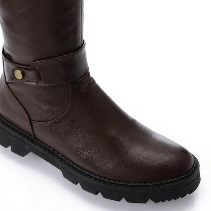 Faux Leather Round Toe Tall Boots – Dark Brown